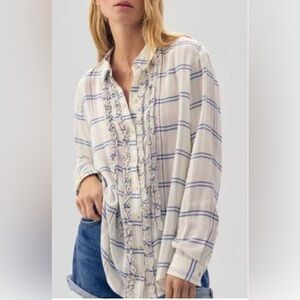 Pilcro Anthropologie Ivory Plaid Button Down Top Tuxedo Ruffle Detail Small